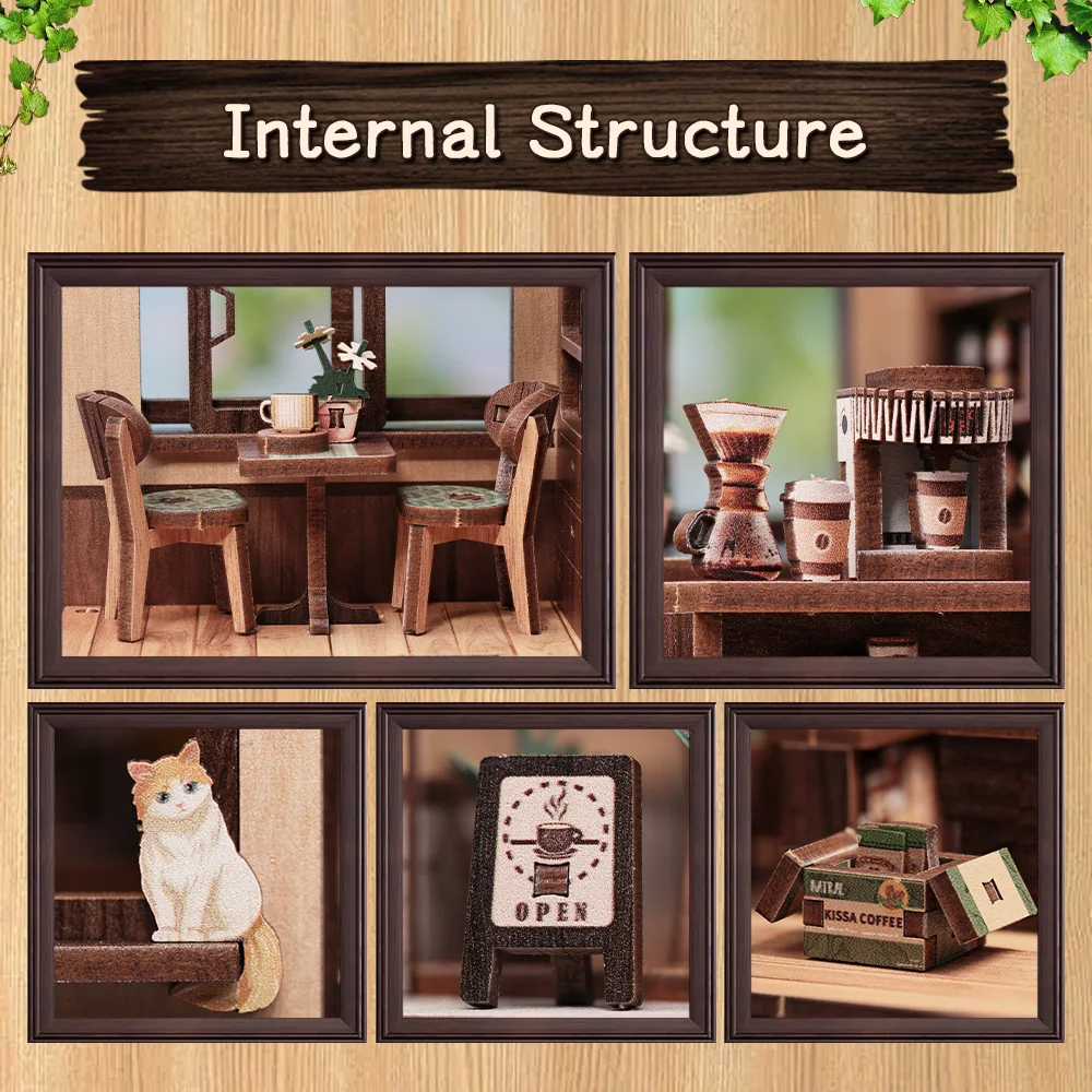 CUTEBEE Kissa Coffee Book Nook Kit 3D Wooden Puzzle Dollhouse with LED Light DIY Miniature House Model
