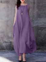 ZANZEA 2024 Fashion Summer Dress Women Holiday Oversized Maxi Dresses Casual Loose Solid Cotton Vestidos Sleeveless O Neck Robe - Image 2