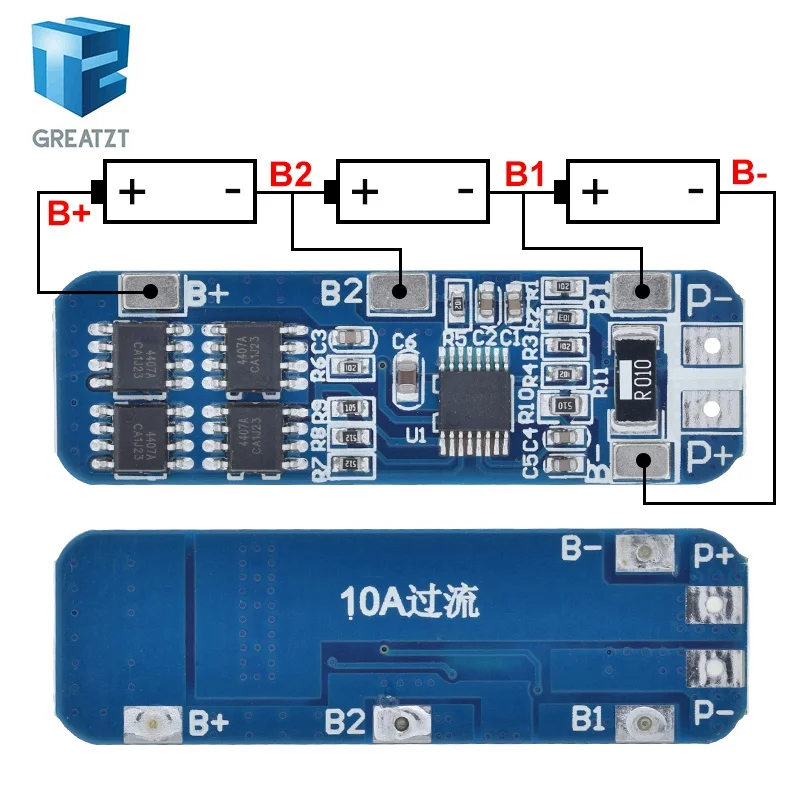 GREATZT 3S 12V 18650 10A BMS Ladegerät Li-Ion Lithium Batterie Schutzplatine Platine 10,8V 11,1V 12,6V elektrisch