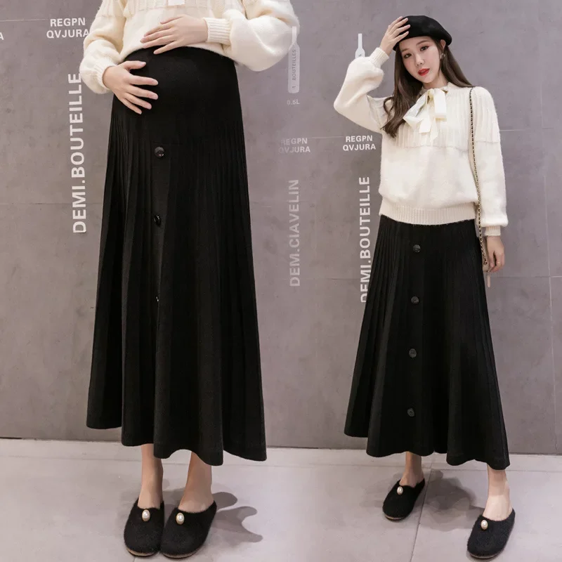 Fashionable Knitted Maternity Skirt High Waist Autumn Winter Outerwear Maxi Dress for Trendy Moms Slimming A- Line Skirts