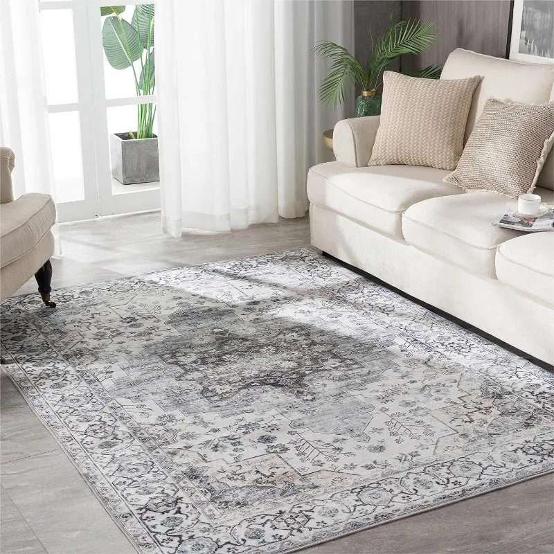 Washable Rug Vintage Area Rugs, 5'x 7' Living Room Rug with Non Slip Backing, Distressed Indoor Carpet