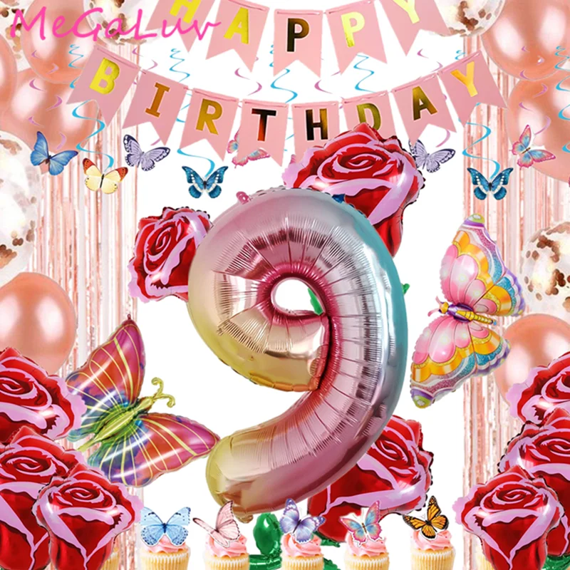 

Numbers Pink Butterfly Party Decorations Banner Cake Topper Disposable Plate Cutlery Set Girls Baby Shower Decoration Balloons