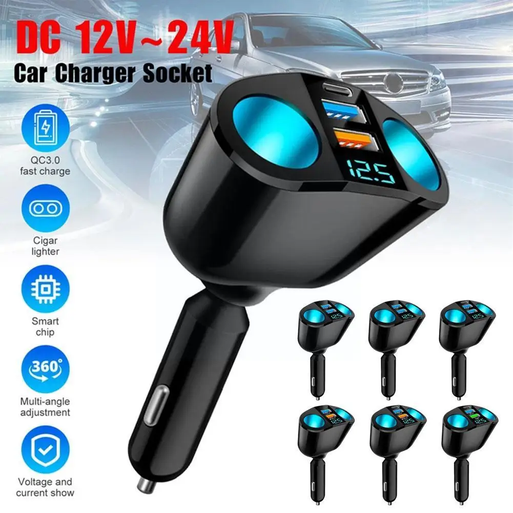 Car Cigarette Lighter 12V-24V Socket Splitter Blue Atmosphere Light PD QC3.0 2 USB Charger C Ports For Mobile Phone DVR Chargers 5