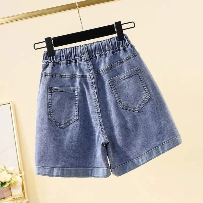 Plus Size Embroidered Women's Denim Shorts Fashionable Tie Up Elastic Waist Loose Elastic Wide Leg Pants For Women Ropa De Mujer