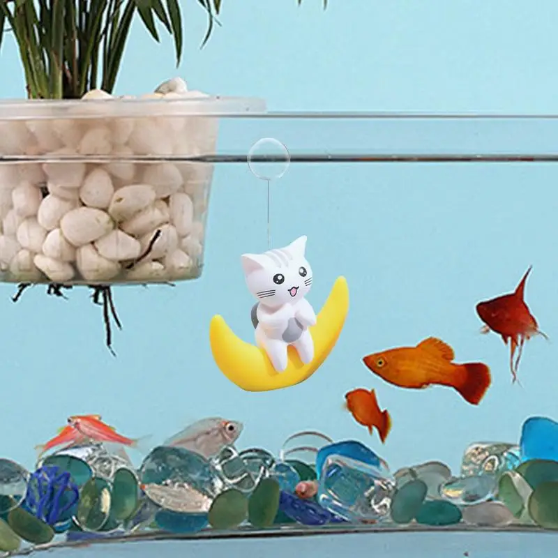 Funny Aquarium Decor Unique Floating Ball Cartoon Moon Cat Statue Figurines With 11.81in String Miniature Fish Tank Toy For Cake