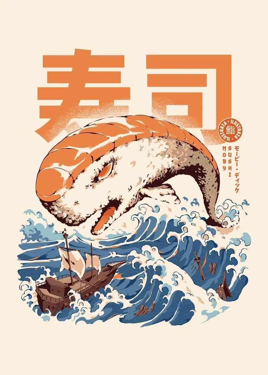 Vintage Japanese Kaijus Food Art Canvas: Sushi, Ramen, and Burgerzilla Poster