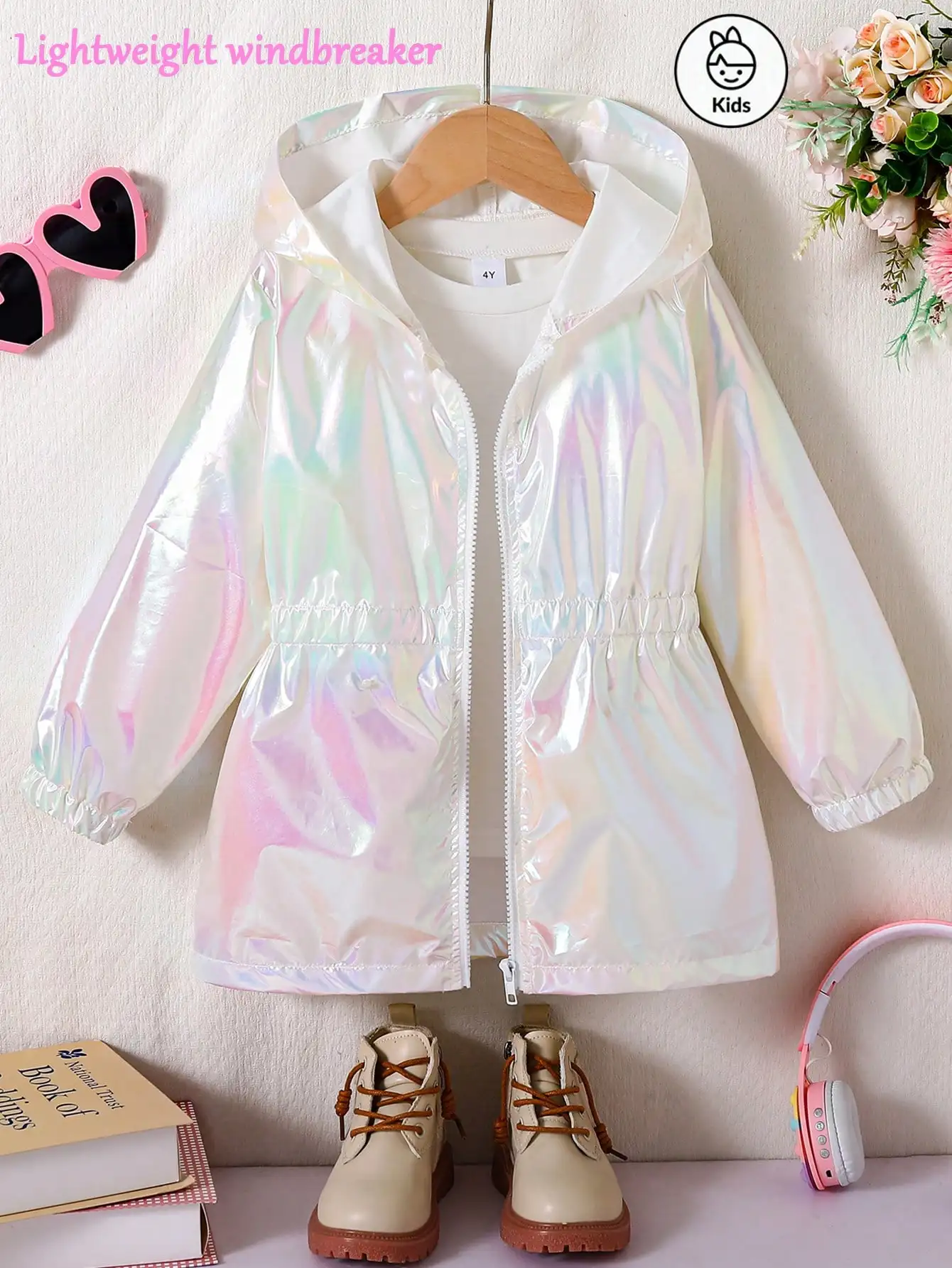 Girls' laser windbreaker jacket, multi-functional sunscreen raincoat with a fitted waist, thin style, mid-length zipper hoodie, - 2