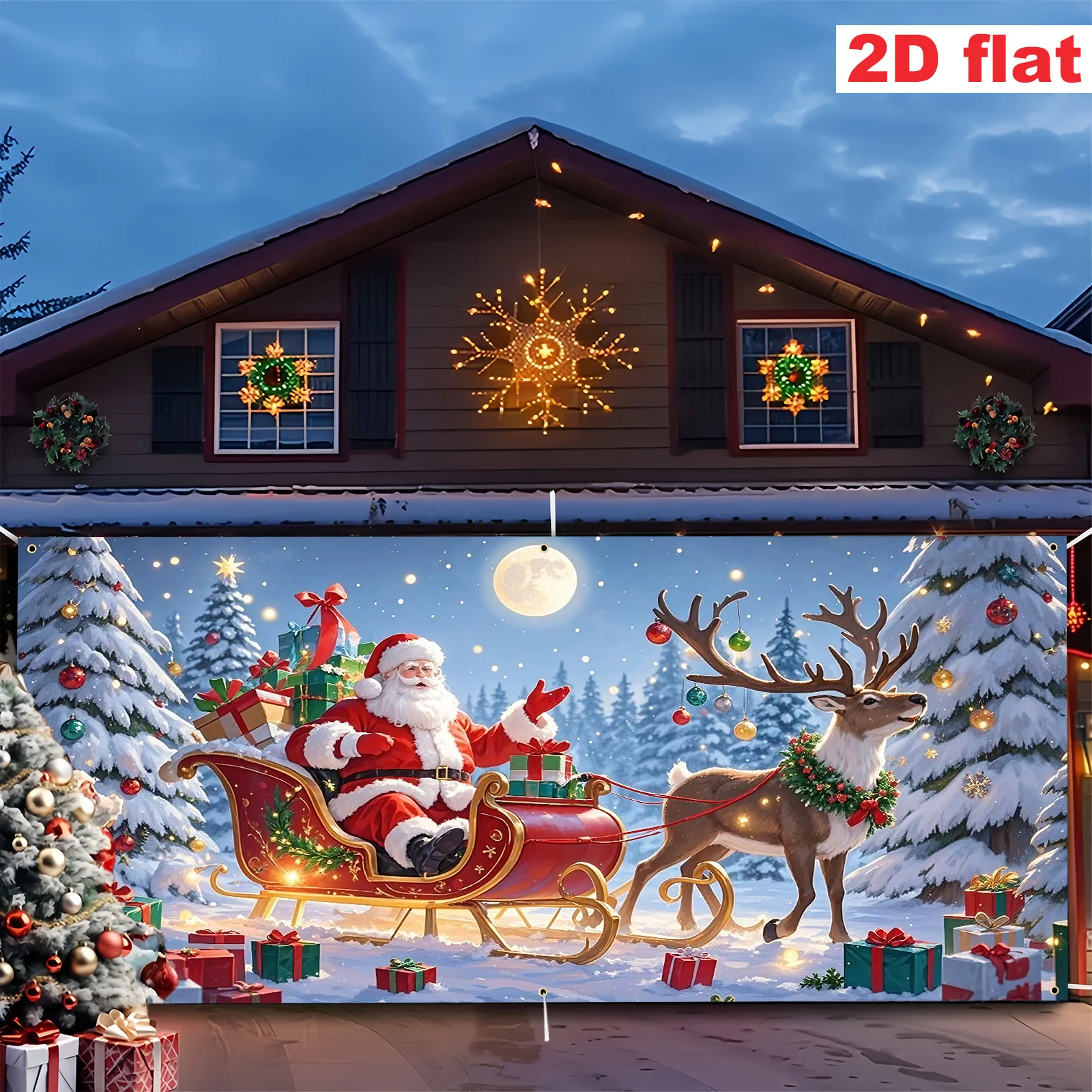 1 übergroßes Weihnachtsfeier-Banner – Weihnachtsmann-Schlitten, Rentier, Geschenke – Polyester-Girlande, geeignet für Zuhause und Dekoration – Detail 7