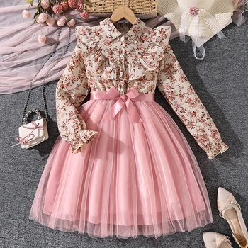 Girls' Peasant Style Dress 8-12 Years Floral Print Lapel Pink Mesh Hem Sweet Elegant Spring Summer Dress 1