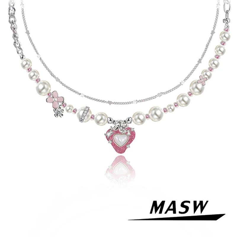 

MASW Original Design Fashion Jewelry Spring Summer Style Simulated Glass Pearl Lovely Pink Strawberry Necklce For Women Girl