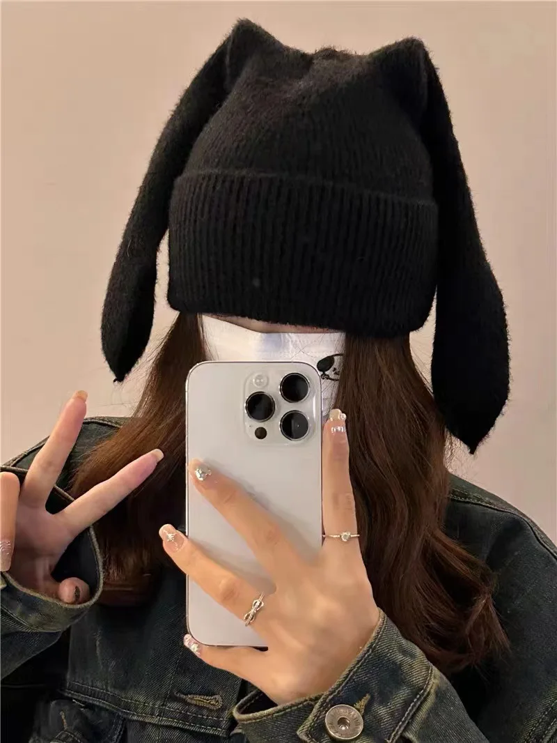 New 1Pc Bunny Hats Beanie Long Ear Warm Hat Crochet Knitted Hat Cute Bunny Hat Rabbit Ears Hats for Women Winter Hats Warm Caps 4
