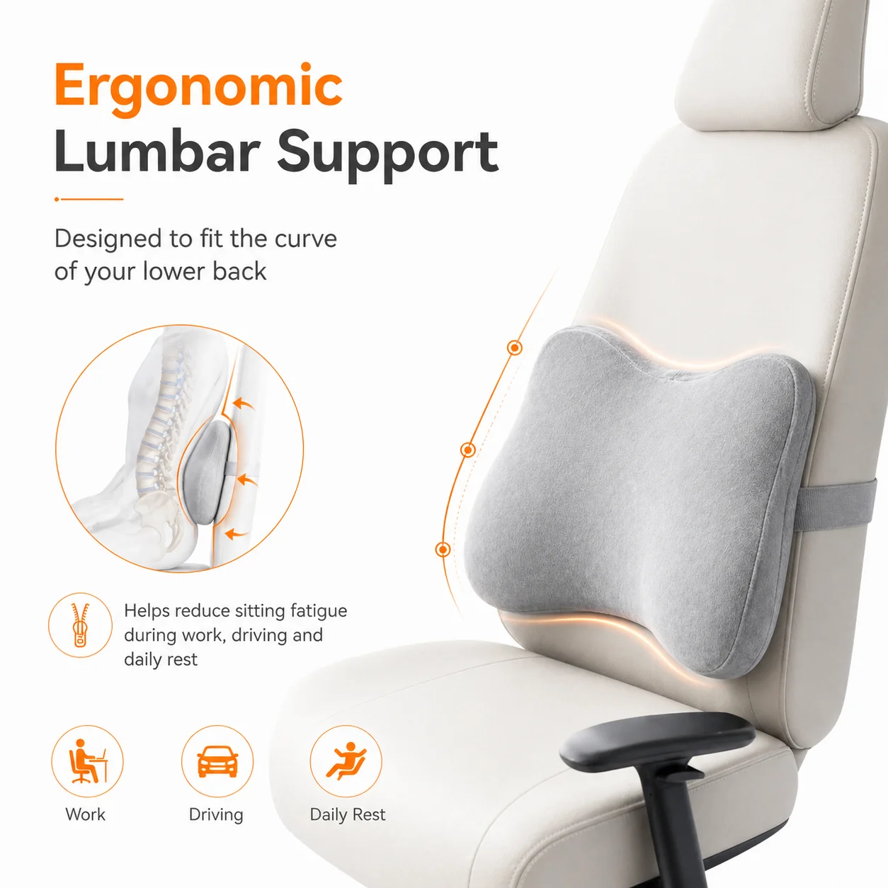 Ergonomic Memory Foam Back Support Cushion - Washable, Slow Rebound Pillow in Gray/Pink for Enhanced Comfort