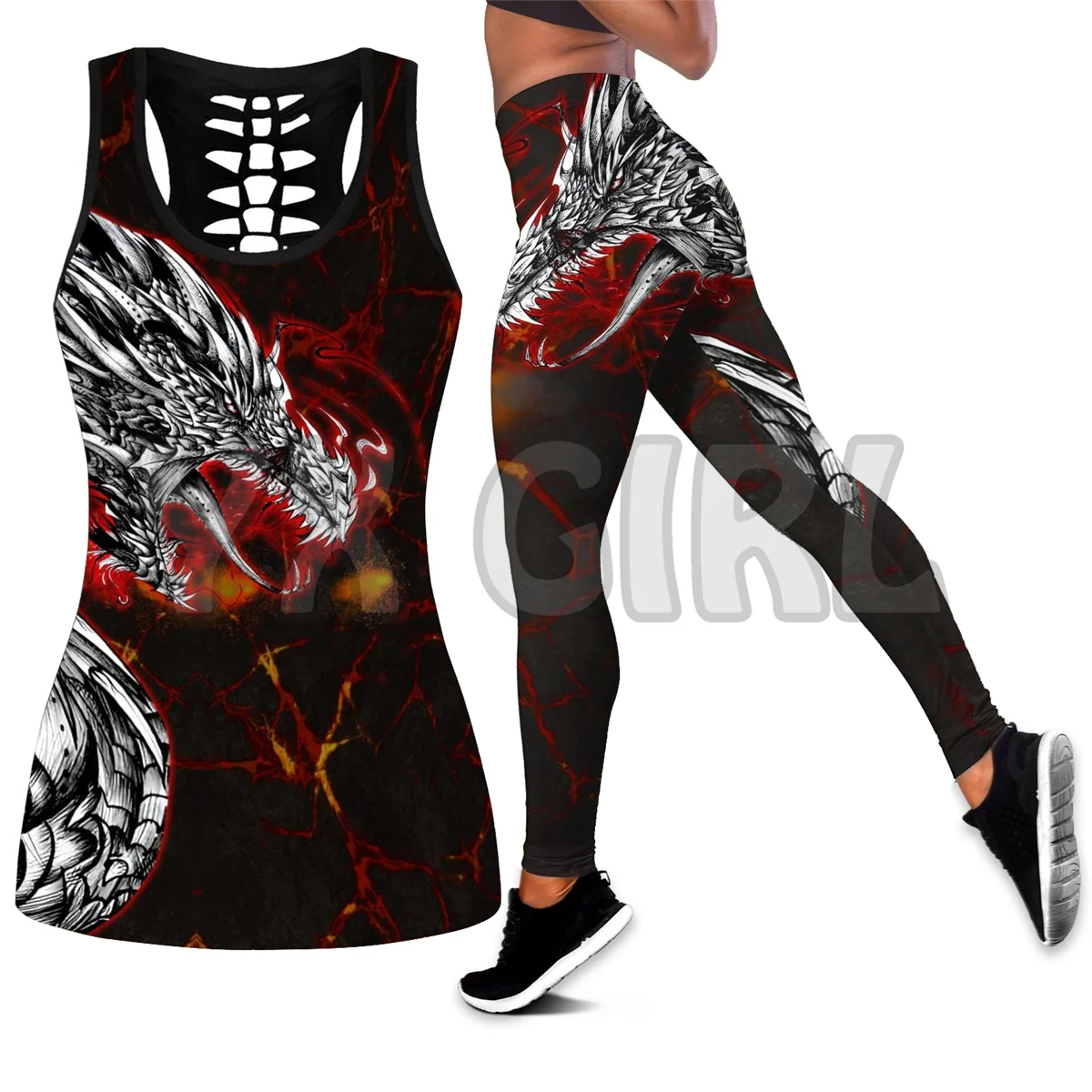 Gothic Dragon  3D Printed Tank Top+Legging Combo Outfit Yoga Fitness Legging Women tank tops low key boujee gothic o neck tank top in pink size l m xl