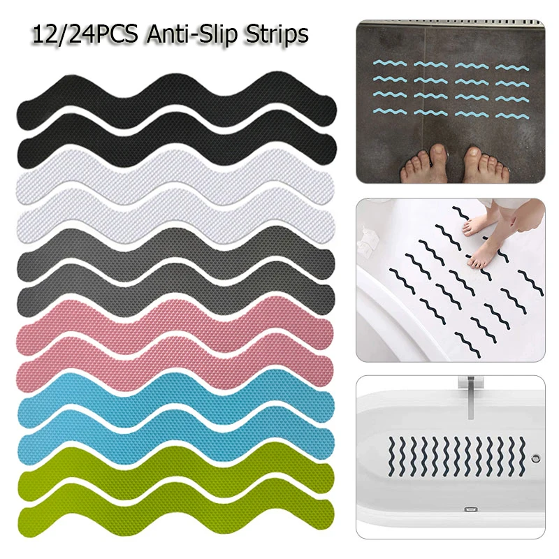 12Pcs Anti Slip Strips Wave-shaped Safety Strips Waterproof Shower Stickers Self-Adhesive Non Slip Tape For Bathtub Stairs Floor