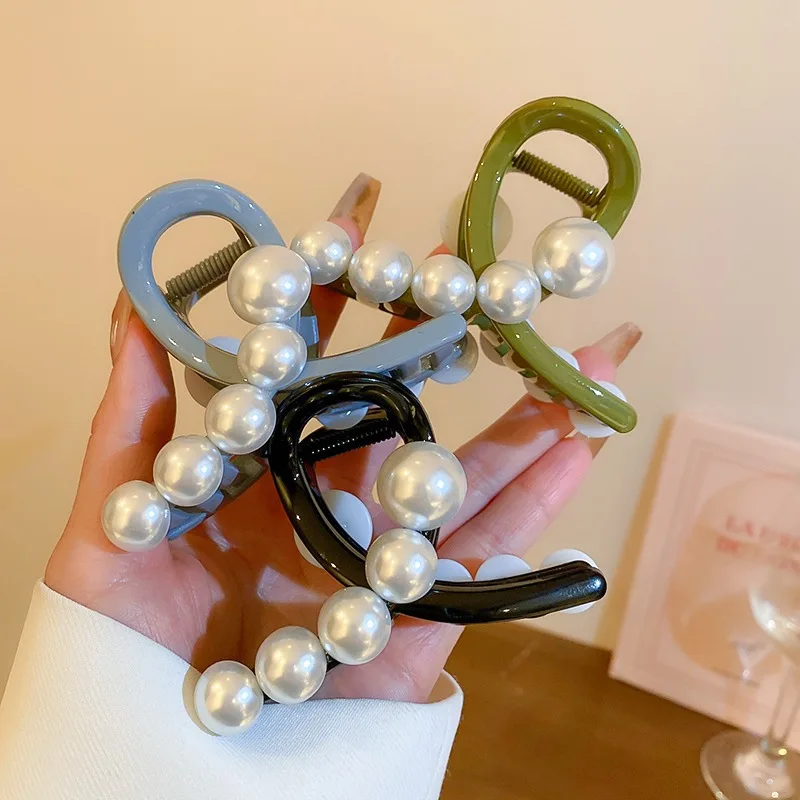 Elegant Imitation Pearl Acrylic Hair Claw Exquisite Cross Hairpin Simple Shark Clip Fashion Jewelry Hair Accessories for Women