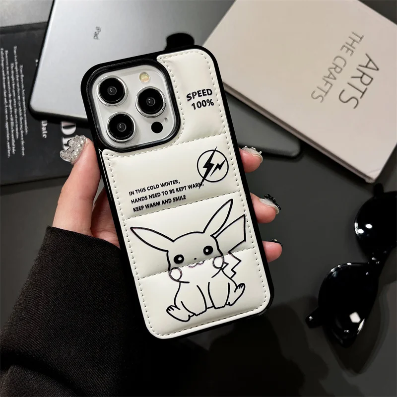 Fashion Anime Pokemon Pikachu Down Jacket Puffer Case for iPhone 15 14 13 12 11 Pro Plus Silicone