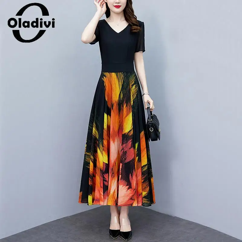 

Oladivi Large Size Women Casual Loose Fashion Printed A-Line Long Dress 2023 Summer New Oversized Dresses Female Tunic Robe 8636