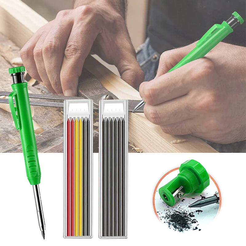 Solid Carpenter Pencil Set Built in Sharpener with 6 Refill Leads