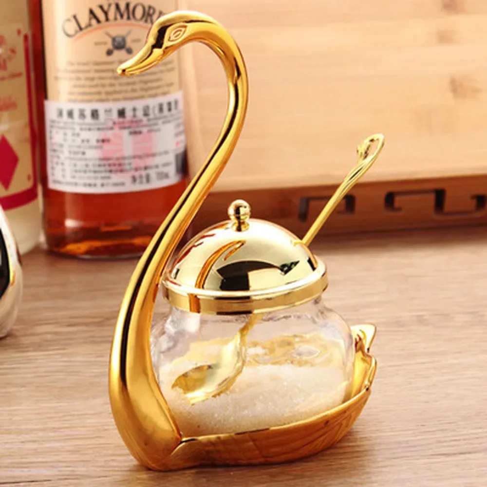 Top Aluminum Alloy Condiment Pot Seasoning Container Spice Glass Jar Salt Sugar Bowl Pepper Coffee Storage Organizer WF