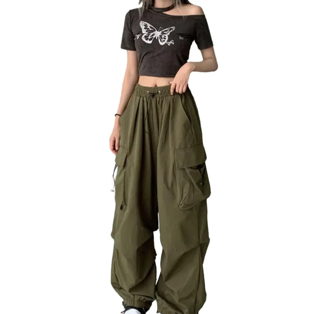 

Women Pants Solid Color Streetwear Trousers Y2k Vintage 1pc Baggy Wide Leg Pants High Waist Pockets Cargo Pants