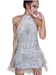 1pcs/lot woman Tassel Sequin dancing Dress Sexy Halter Summer Party Dress Silver Tassel Dress  Latin Dance Costume