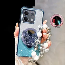 Elegant Mirror Shockproof Magnetic Phone Case with Butterfly Holder and Bracelet Cover - Honor X5d (Blue)