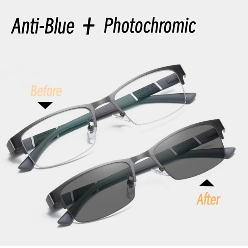 

Half Frame Metal Business Eyeglasses Anti-Blue Myopia Eyewear Outdoor Travel Smart Color Changing Photochromic Sun Glasses