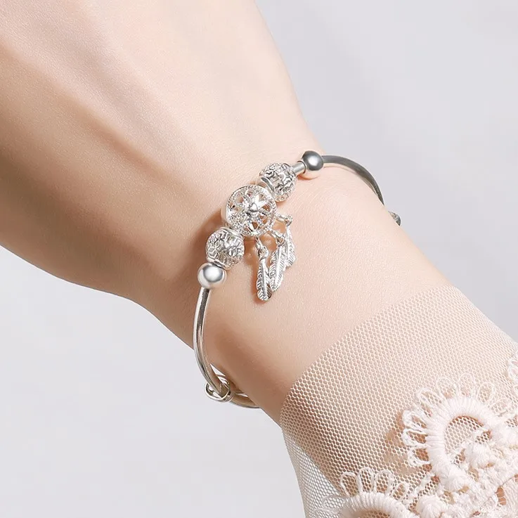 Adjustable size 925 Sterling Silver Bangle cuff Dreamcatcher Tassel Feather Round Bead Charm Bracelet for Women wedding bangle bracelet