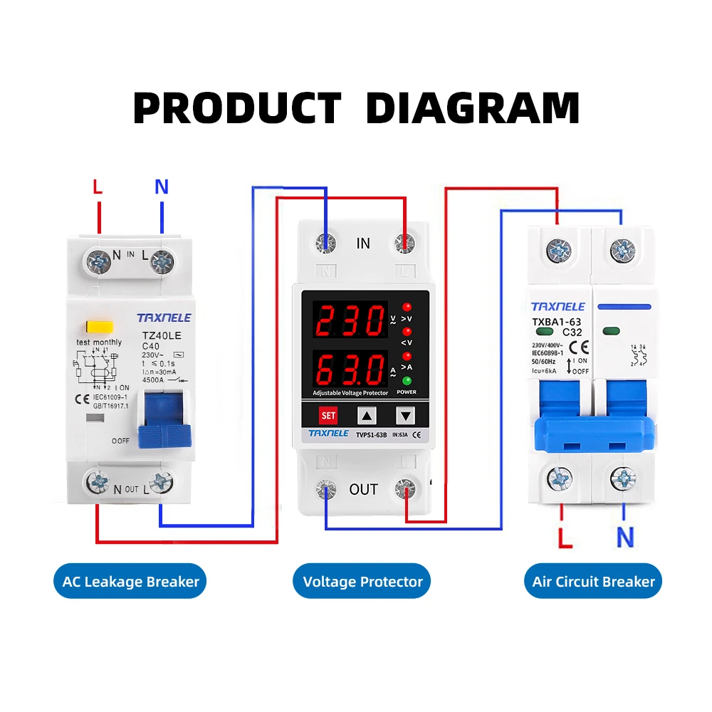 Din Rail Adjustable Digital Over Under Voltage Relay Surge Protector Limit Over Current Protection Dual Display 40A 63A 230V