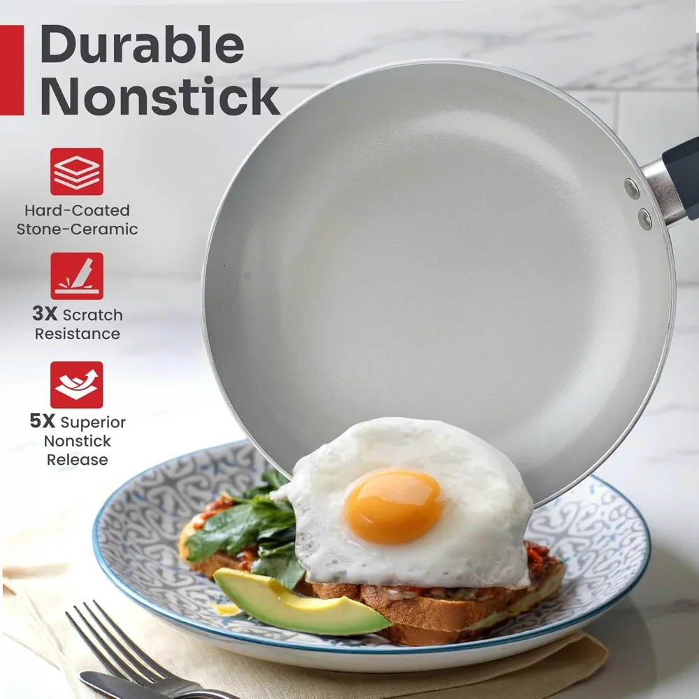 16-Piece Healthy Stone Pots and Pans Set Non Stick, Non Toxic Ceramic Cookware Set, Dishwasher Safe, w Frying Pans, Sauce Pan,