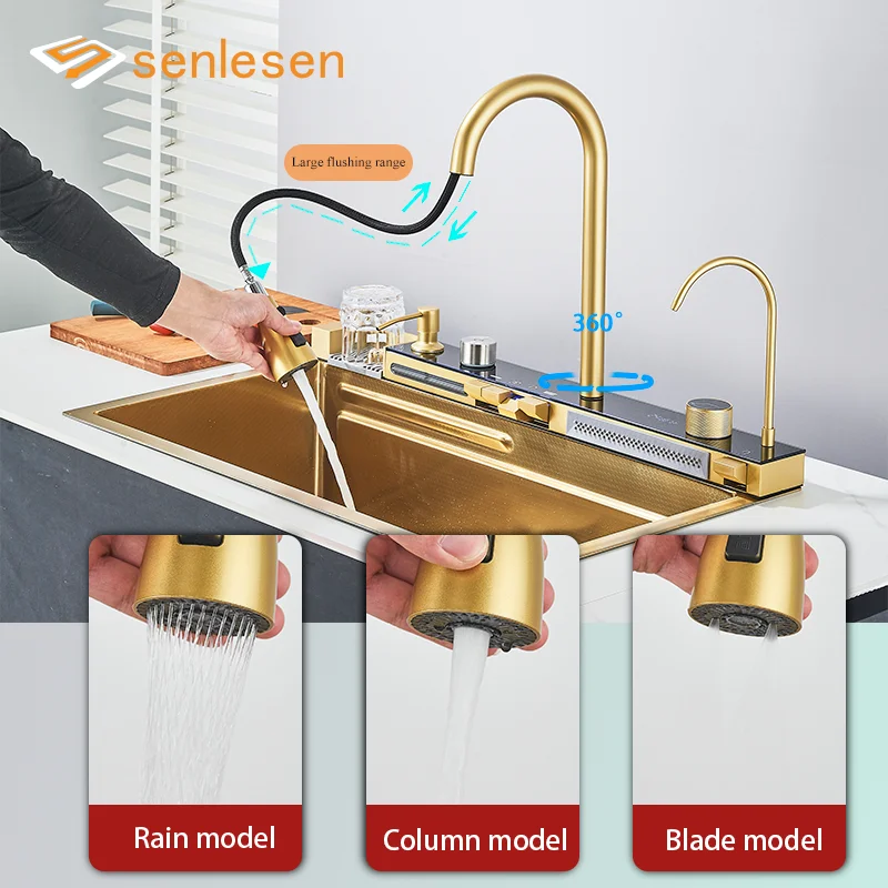 304 Brushed Gold Stainless Steel Waterfall Kitchen Sink Large Single Slot 4 Function  Integrated Digital Display Faucet Set 2