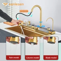 304 Brushed Gold Stainless Steel Waterfall Kitchen Sink Large Single Slot 4 Function  Integrated Digital Display Faucet Set 2