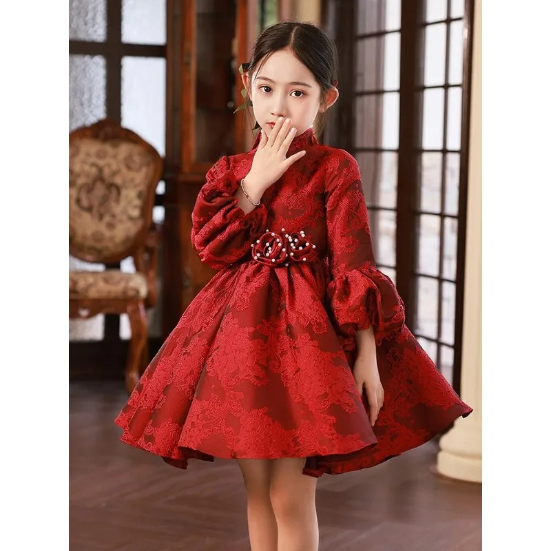 

Girl's dress, princess dress, high-end girl's birthday host, children's piano performance suit, autumn and winter red
