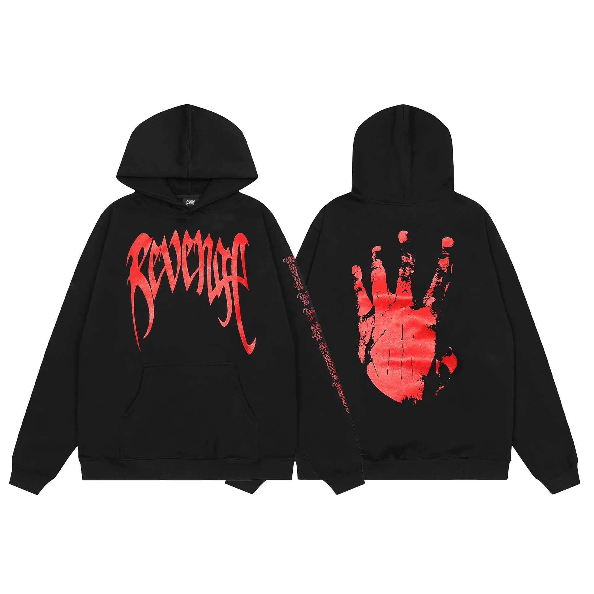 

REVENGE red foam palm letter printing casual loose black velvet hooded sweater hoodies for men and women