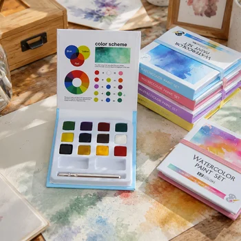 Set di Acquerelli da Viaggio 12 Colori con Tavolozza Integrata, Kit Compatto per Pittura e Schizzi all'Aperto, Forniture per Studenti e Hobbisti