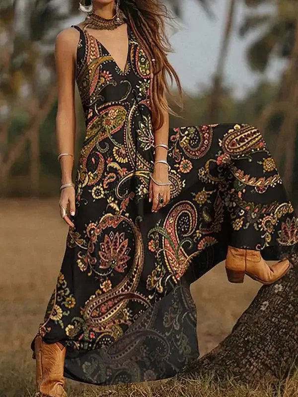 

2024 Spring Bohemian Women's Long Dress Print V-neck Button A-line Loose Slip Dresses Female New Casual Elegant Ladies Clothes