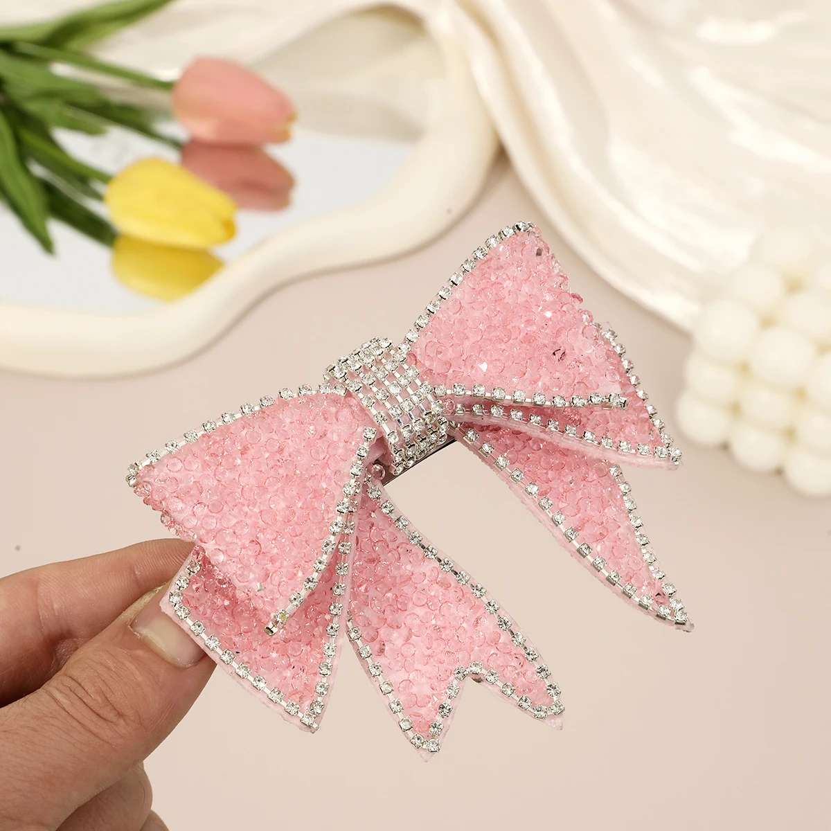 1pc Cute Rhinestone Pearls Bow Spring Clip Hair Clips Hair Accessories Korean Sweet Headwear Women Girls Party Travel Hairgrip