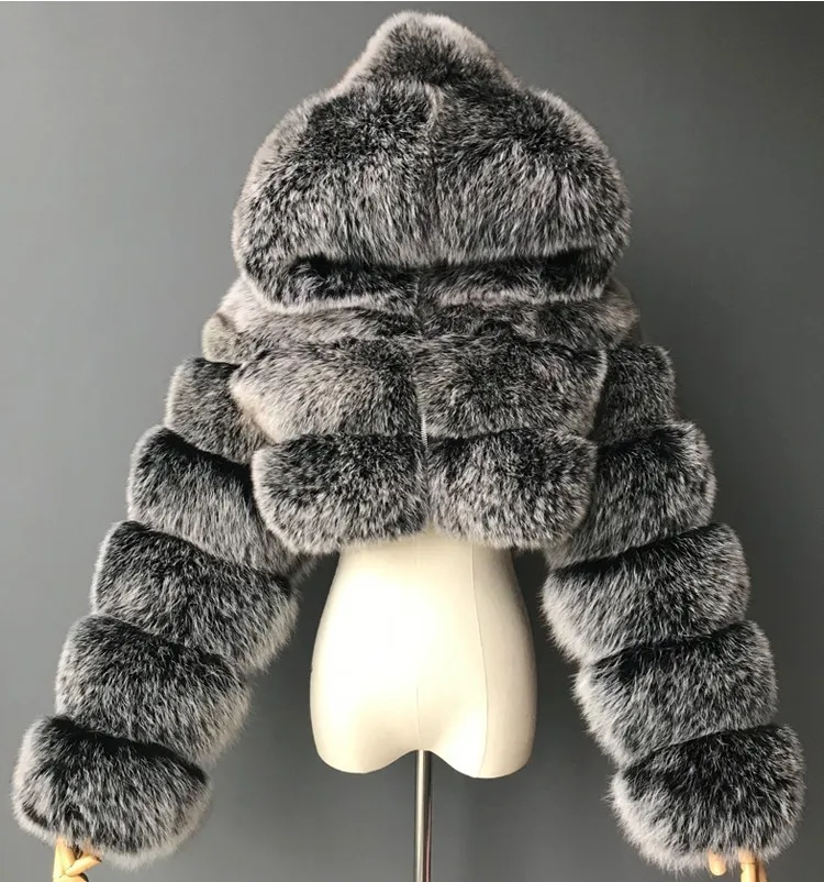 

Fur factory wholesale cross-border European and American fur coat imitation fox fur splicing hooded short long-sleeved women's s