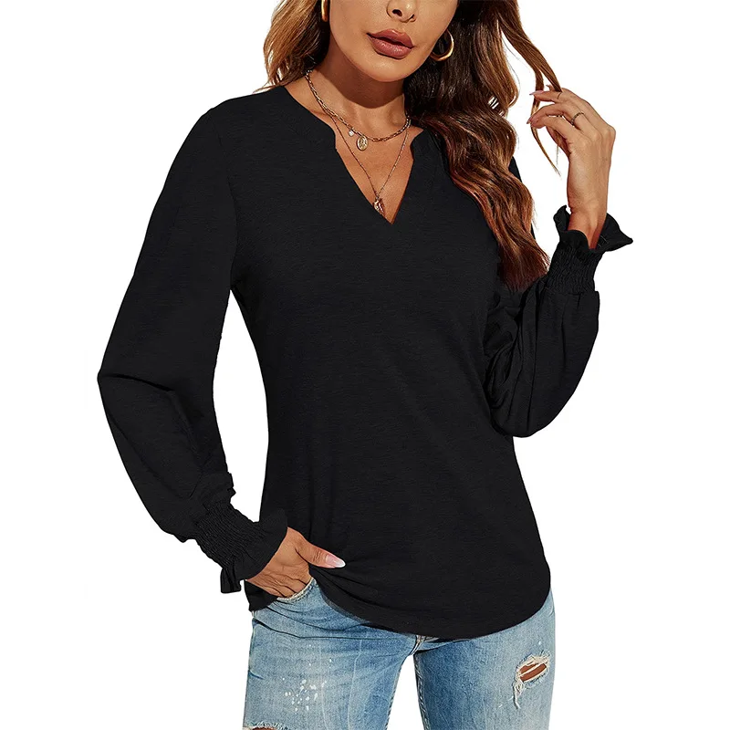 

T-shirt Women's Autumn and Winter V Collar Splicing Solid Colour Bottoming Shirt Casual Long-sleeved Ladies Top Pullover Commute