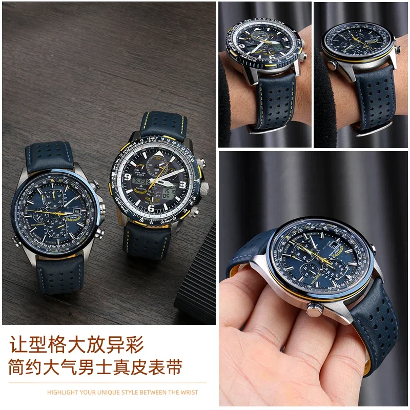 Blue Genuine Leather Watchband Strap with Buckle