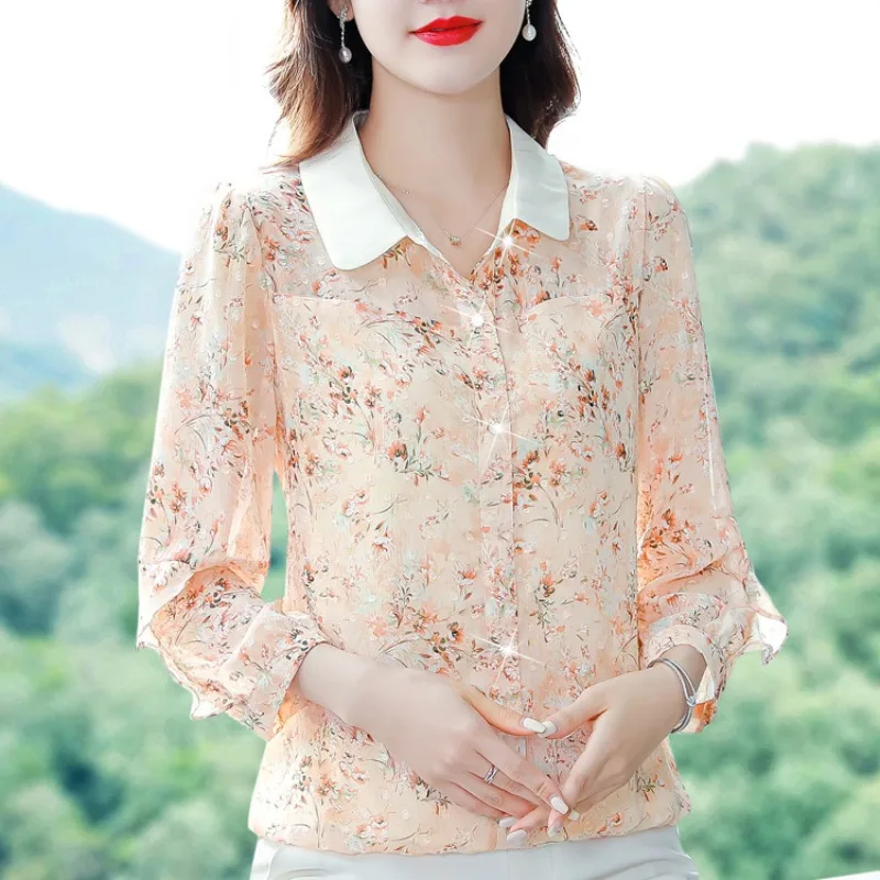 여성용 패치워크 프린트 단추 루즈 폴로 칼라 풀오버 9 쿼터 셔츠, 우아한 쉬폰 블라우스, 2024 여름 신상 패션