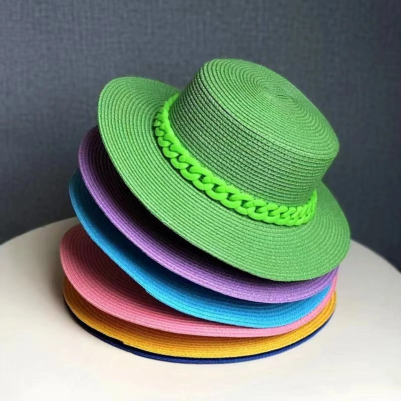 straw hat flat top European and American style green bow tie with sunshade hats