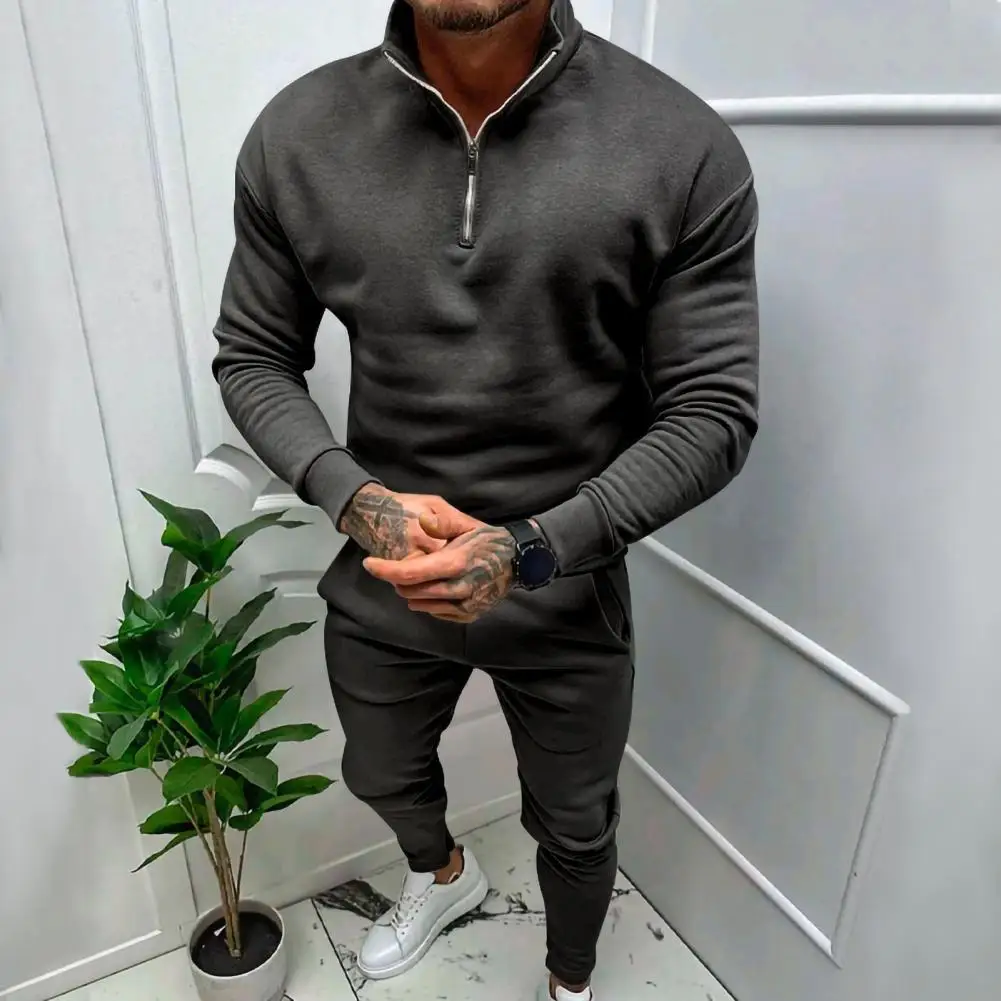 

2 Pcs/Set Men Top Pants Suit Half-high Collar Long Sleeve Zipper Thick Warm Men Winter Tracksuit Sweatshirt Trousers Set
