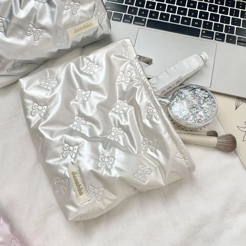 Bow Print Quilting Cosmetic Bag Hand-held PU Korean Style Makeup bag Handbag  Makeup Bags Multifunctional Storage Bag