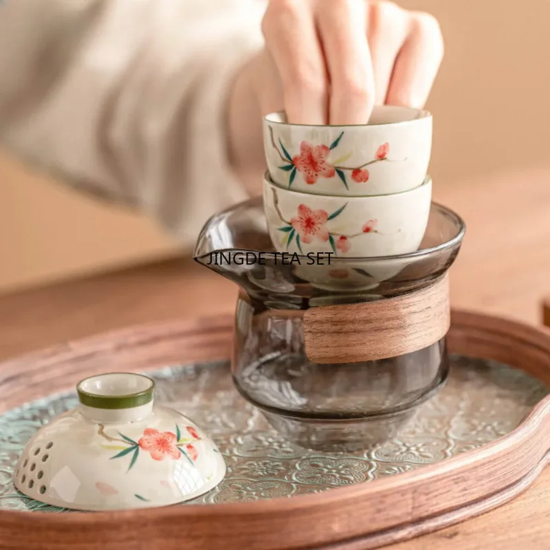 Ceramic hand-painted peach blossom travel tea set 1 pot 3 cups portable storage tea maker