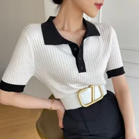 Summer Women's T-shirt Slim Knitted Polo Shirts Short Sleeved Tees Tops Lady's Fashion Skinny Casual Camisas for Women 2025 - Image 4
