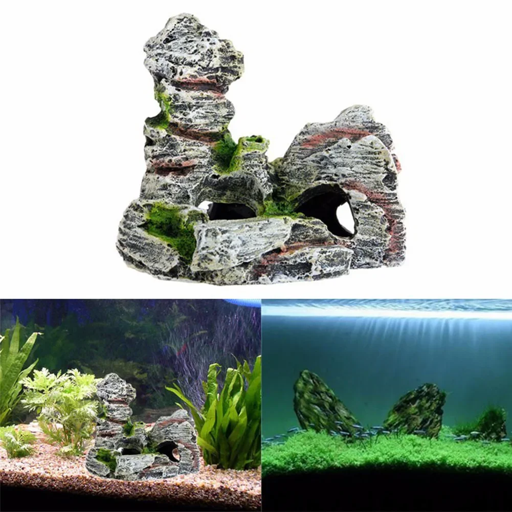Fish Tank Ornaments Artificial Moss Hiding Cave Mountain View Underwater Fish Tank Landscaping Craft Living Room Resin Rockery