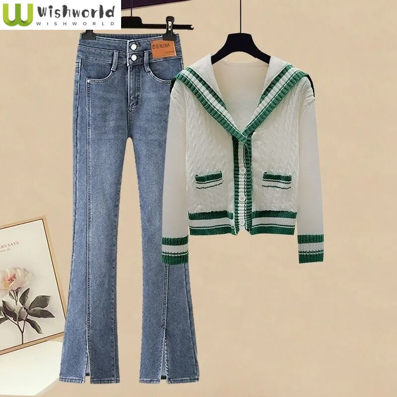 2023 Korean Popular Navy Collar Knitted Sweater Cardigan Jacket Casual Jeans Two-piece Elegant Women's Pants Set Outfit