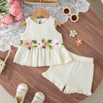 Summer girls' Sleeveless Set Embroidered Flower Top+Pleated shorts 2-Piece Set, Cute 0-3 Year old Baby Girl Summer Clothing 1