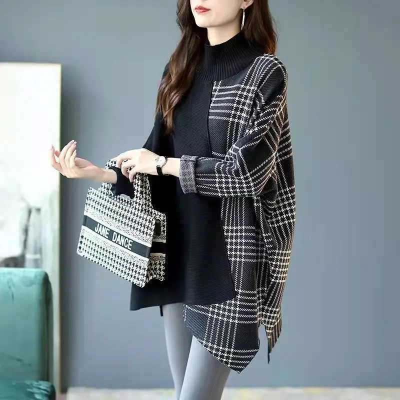 Fashion Korean Irregular Spliced Female Clothing Sweaters Spring Autumn New Casual Plaid Loose Half High Collar Knitted Jumpers